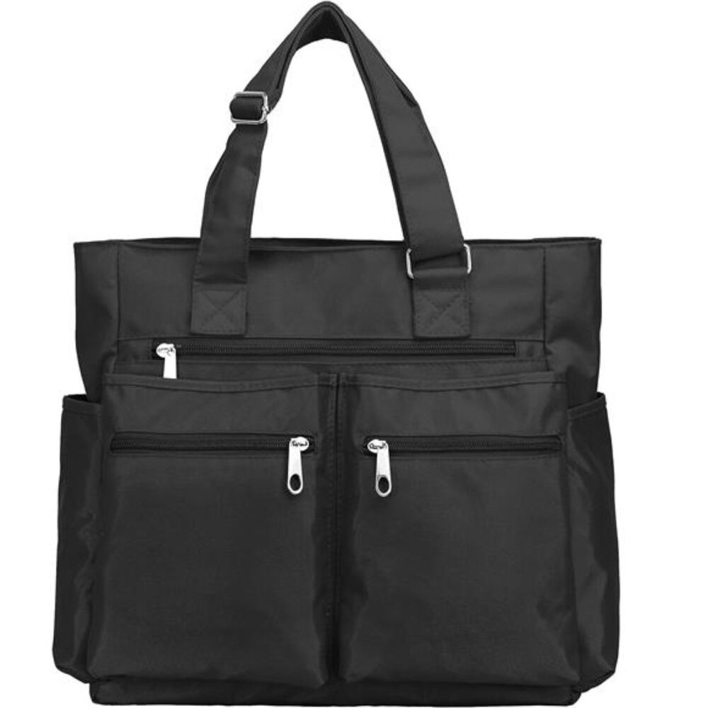 Women Black Canvas Tote‎ Bag Waterproof Nylon Multi Pocket Shoulder Bags Laptop